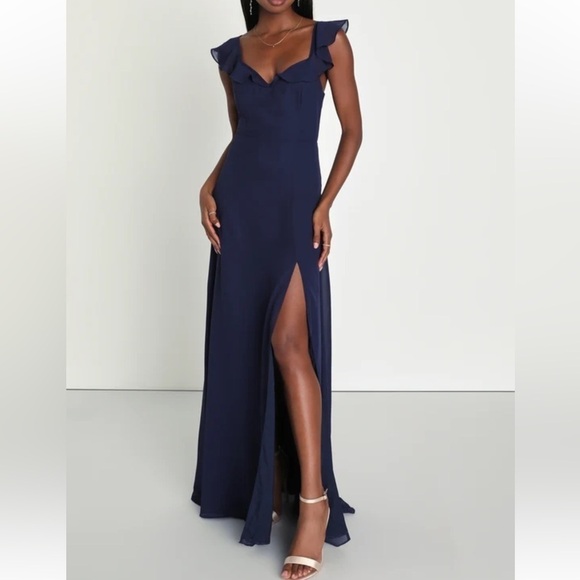 Lulus Sweetest Entrance Navy Blue Ruffled Tie-Back‎ Maxi Dress size M NWOT - Picture 1 of 11